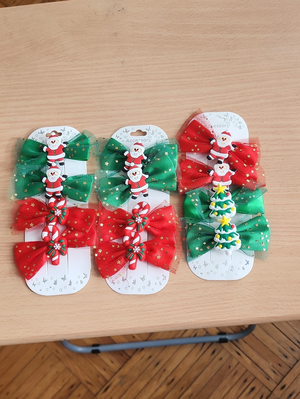 Festive Kids Hair Bows with Holiday Charms - Red & Green